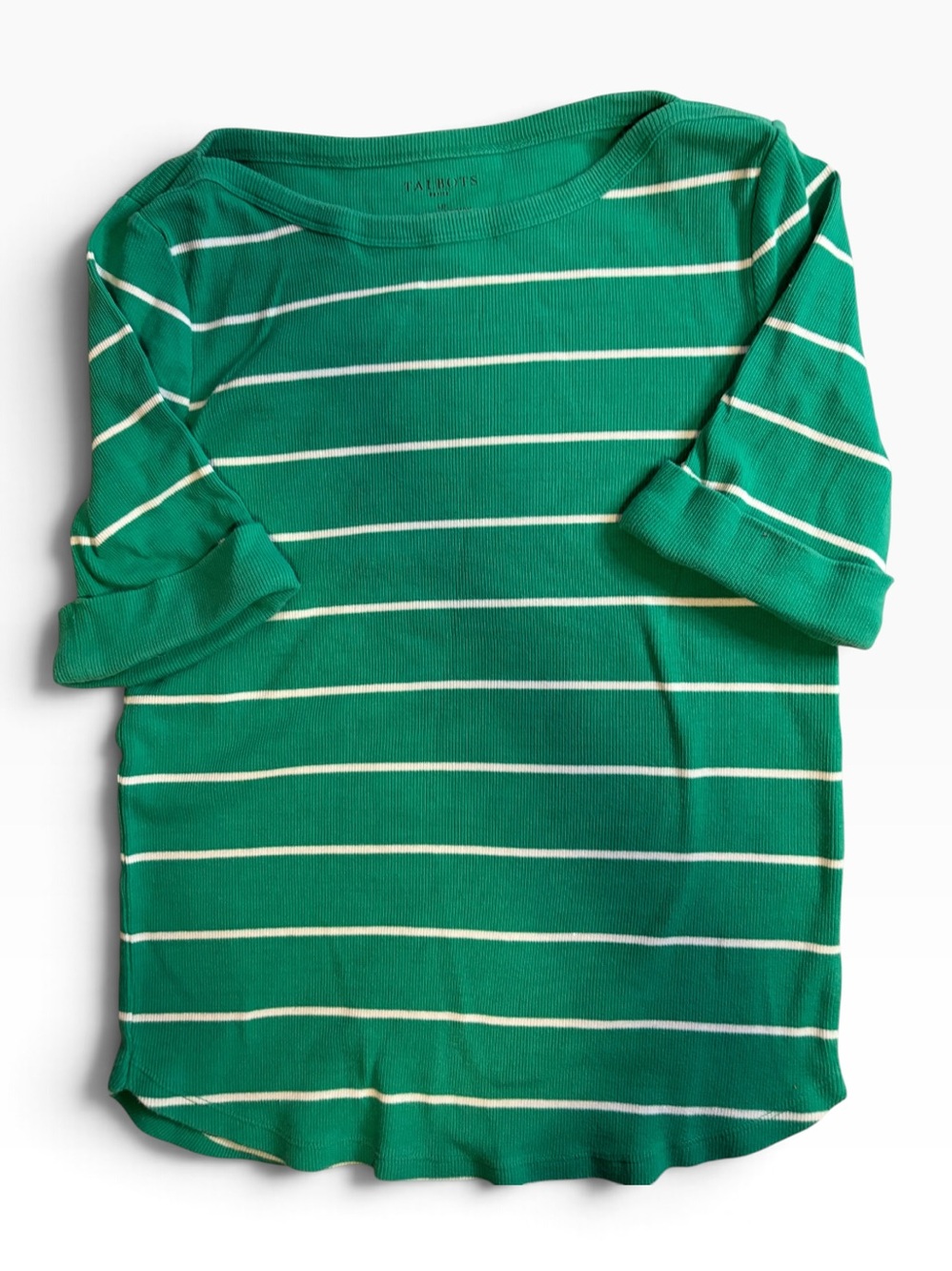 Talbots Petite Large Green White Striped Ribbed Boat Neck Top LP